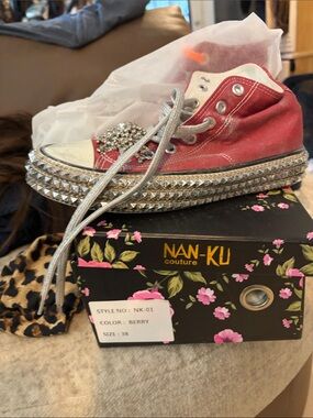 Nan-Ku Couture Women’s Berry Red Studded Low-Top Sneakers